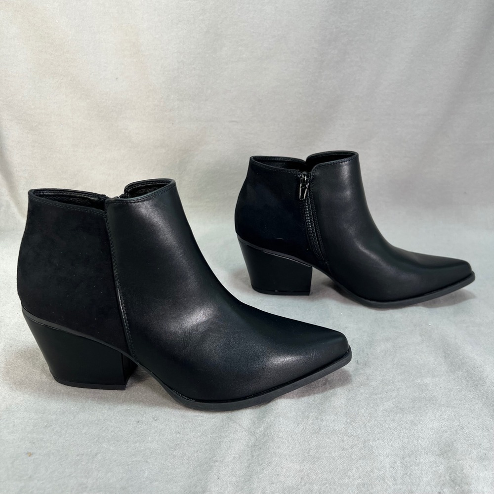 Black Pointed Toe Block Heel Ankle Booties Edgy Street Style Night Out 7.5 - Picture 6 of 16